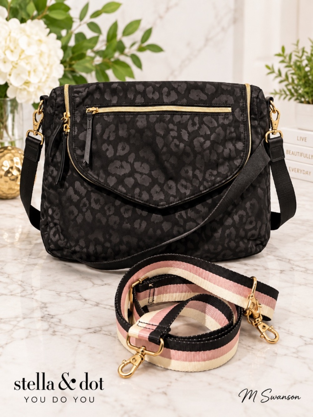 Stella & Dot Lady Boss Black Leopard Nylon Convertible Shoulder Crossbody Bag